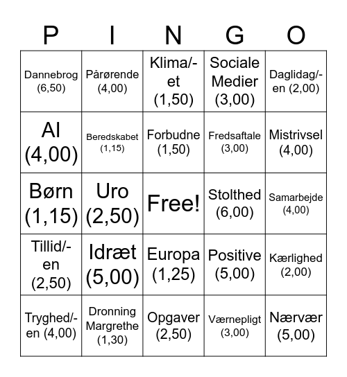 Pingo Bingo Card