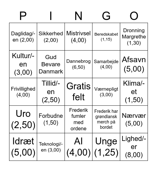 Pingo Bingo Card