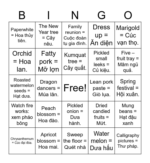 TET HOLIDAY Bingo Card