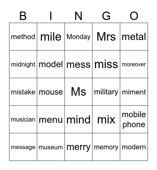 “M”后半 Bingo Card