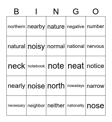 “N” Bingo Card