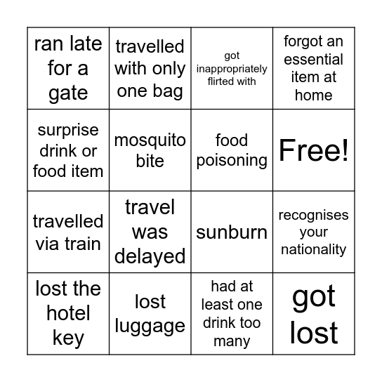 Travel Cott Bingo Card