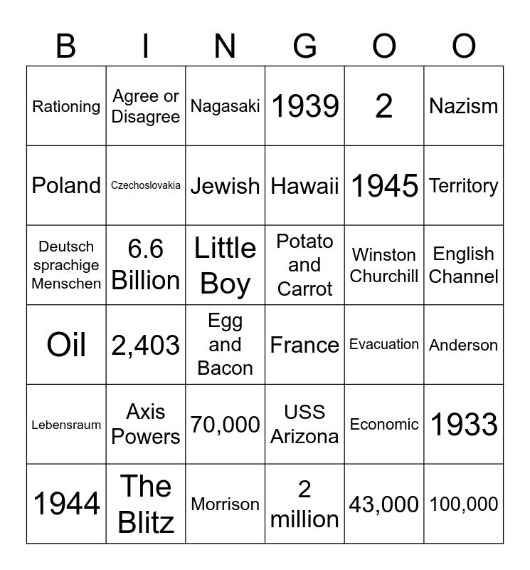 WW2 Revision Bingo Card