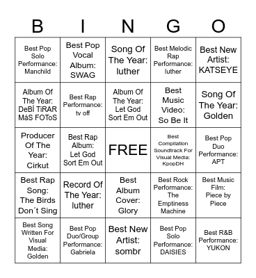 Grammy 2026 Bingo Card