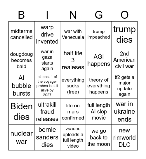 Evan's 2026 bingo card Bingo Card