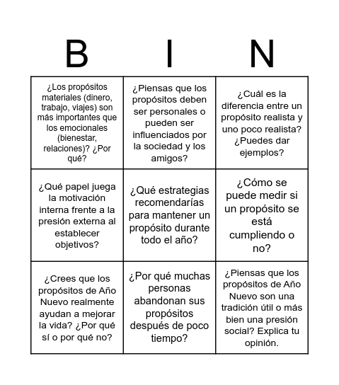 Año Nuevo Bingo Card