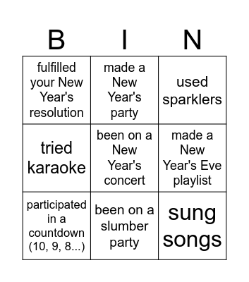 Have you ever...(on new year's eve) Bingo Card