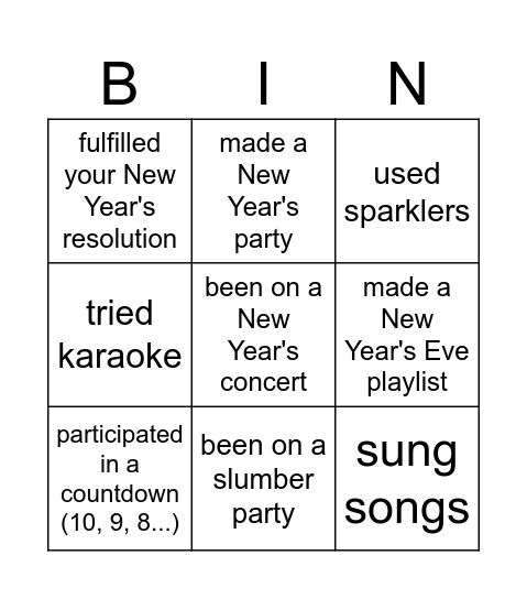 Have you ever...(on new year's eve) Bingo Card