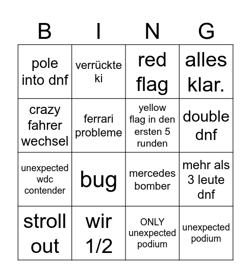 f1 Bingo Card