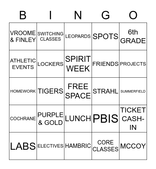 Tigers Team Bingo Card