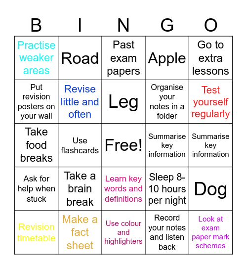 Reducing Exam Stress Bingo Card