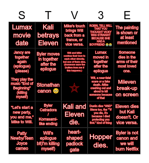 Stranger Things Ep 8 predictions Bingo Card