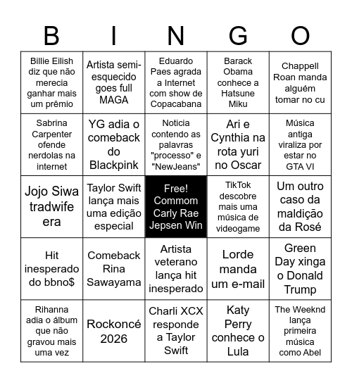 Previsões música pop 2026 Bingo Card