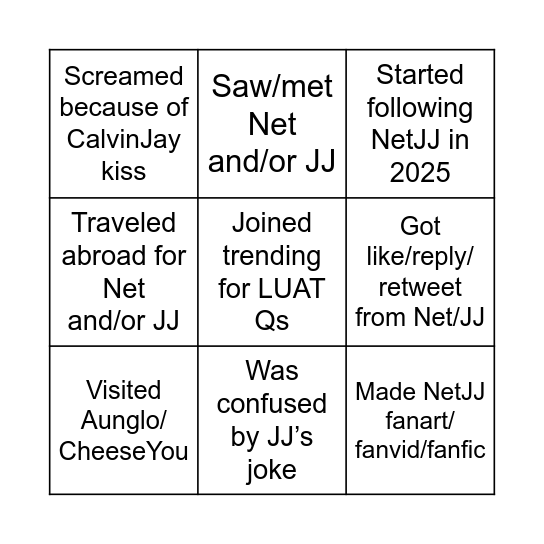 NetJJ fan 2025 bingo 🖤🥕 Bingo Card
