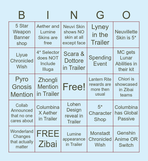 Genshin Luna 6.4 Livestream Bingo Card