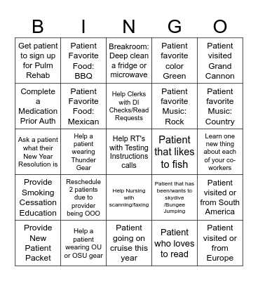 Pulmonary Clinic Bingo Card