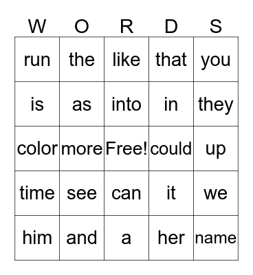 Sight Words Bingo Card