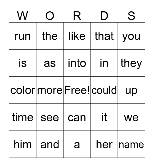 Sight Words Bingo Card