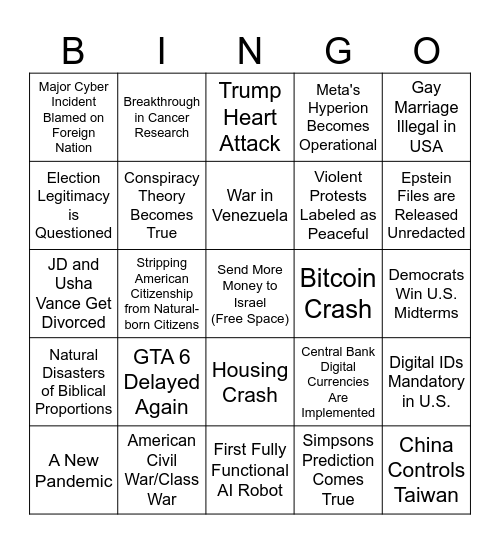 2026 Predictions Bingo Card