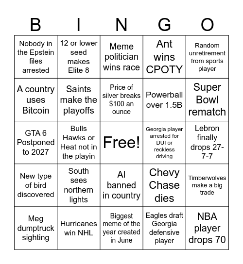 2026 Bingo Card