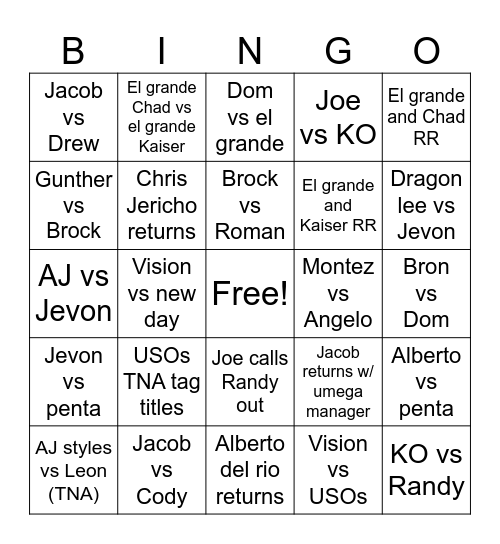 WWE 2026 Bingo Card
