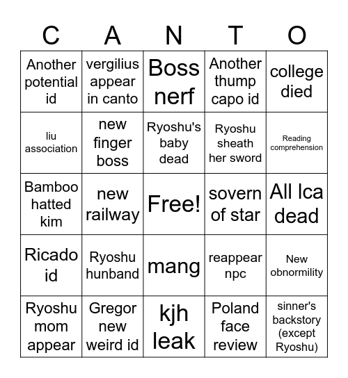 Canto 9 Bingo Card