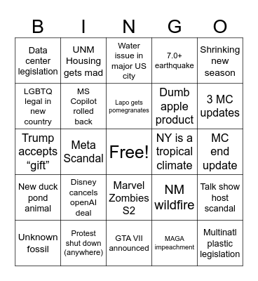 Amelia 2026 bingo Card