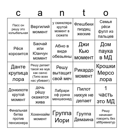 Канто 9 БИНГО Bingo Card