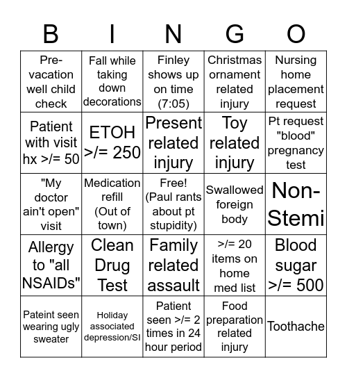ED Christmas Bingo 2016 Bingo Card