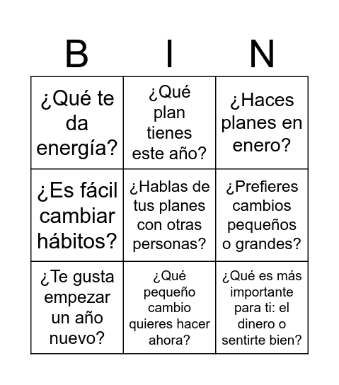 año nuevo A1 Bingo Card