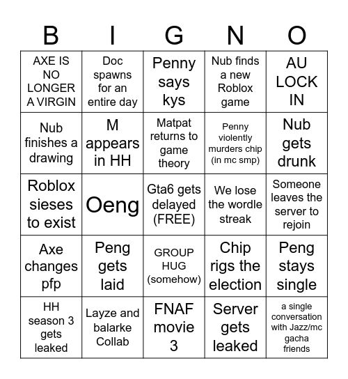 Bigno's of the Big '26 Bingo Card