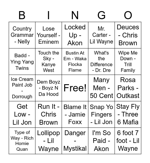 2000's Hip Hop Bingo Card