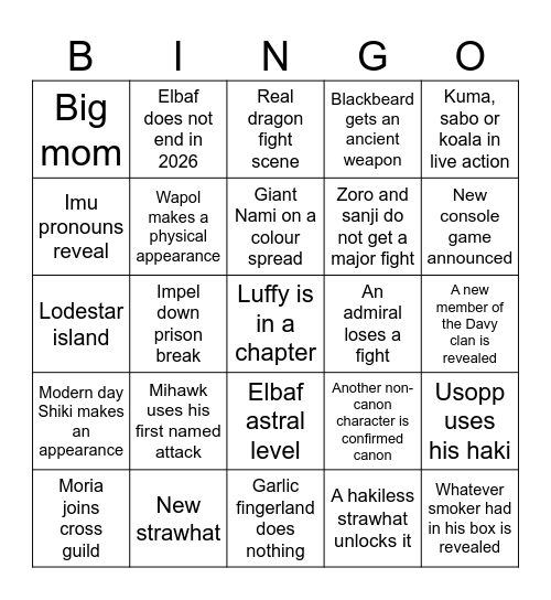 One Piece 2026 Bingo Card