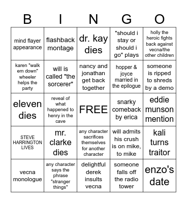 Stranger Things Finale Bingo Card