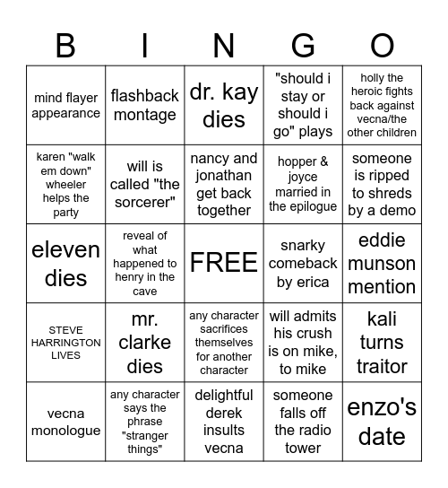 Stranger Things Finale Bingo Card