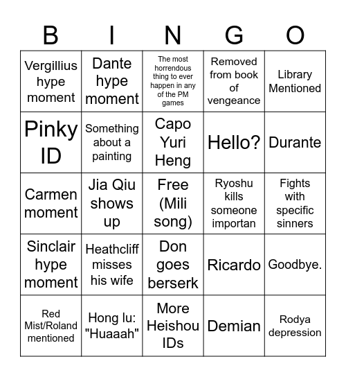 Canto 9 Bingo Card
