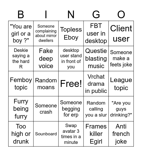 Vrchat public Bingo Card