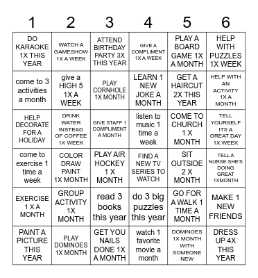 new years resolution Bingo Card