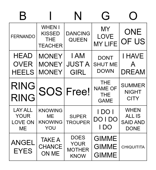 ABBA SONGS Bingo Card