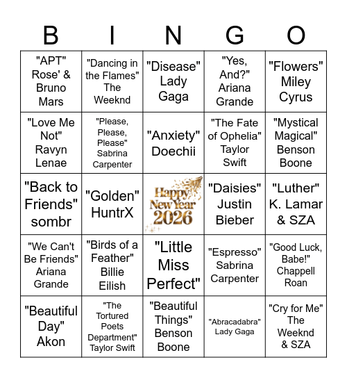 Happy New Year 2026 Bingo Card