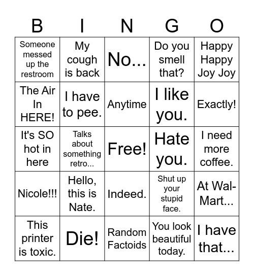 Nate Bingo Card