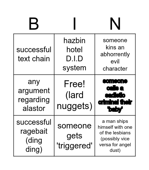 chud hazbin bingo Card