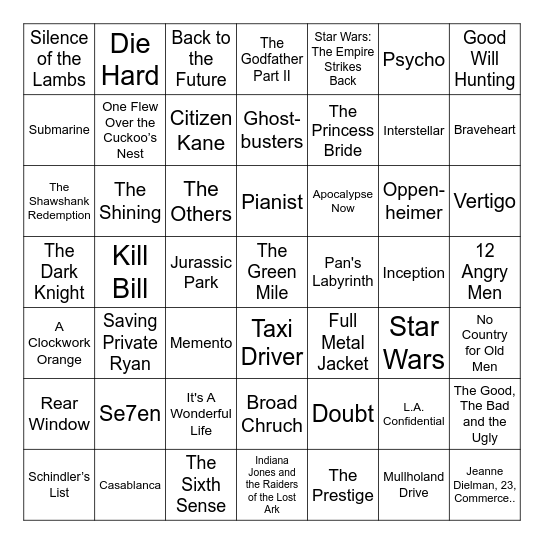Must Watch Movies Bingo Card