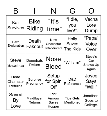Stranger Things Bingo Card