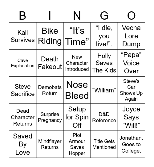 Stranger Things Bingo Card