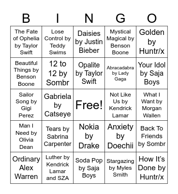 2025 Songs Bingo Card
