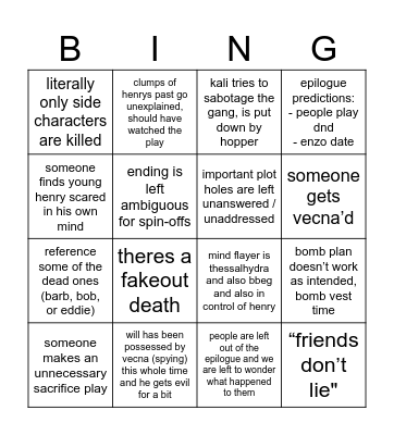 Stranger Things BINGO Card