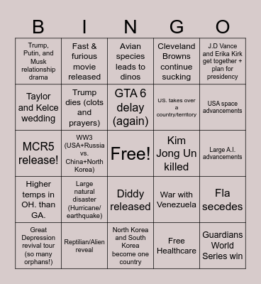 2026 Predictions Bingo Card