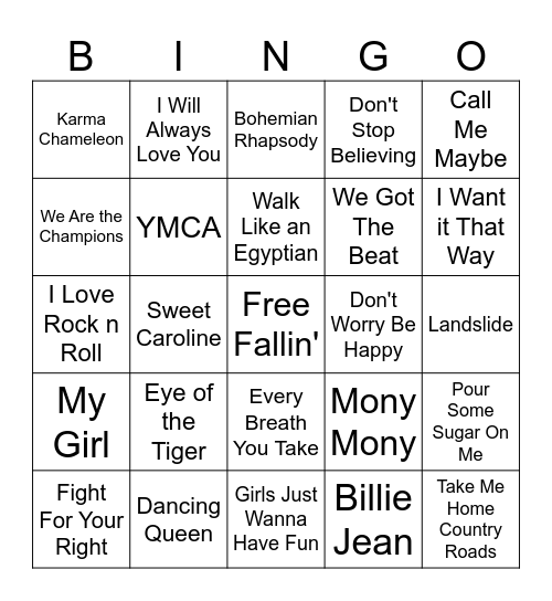 Sing Along Songs Bingo Card