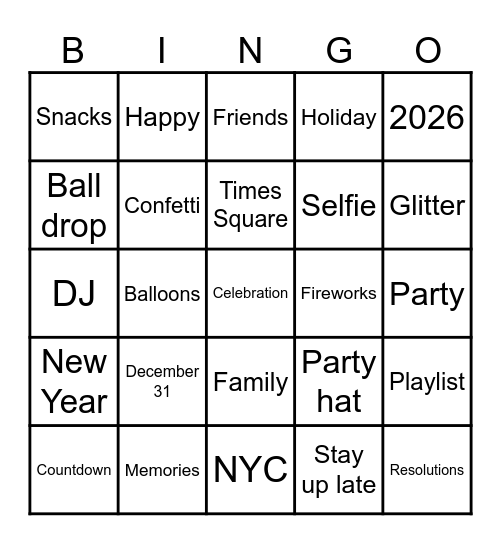 NEW YEARS EVE 2025 Bingo Card